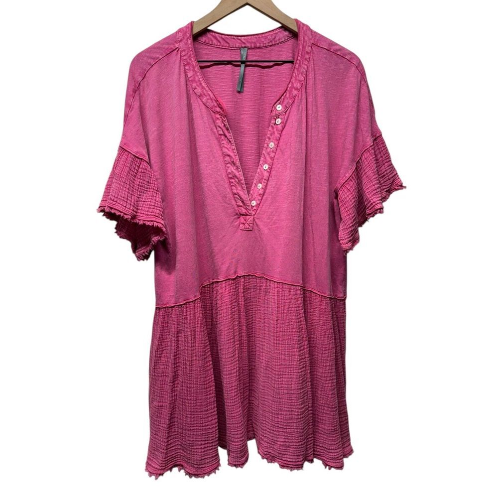 By Anthropologie Gauze Tunic Mini Dress Sz S Pink Henley Oversized Boho Fringe
